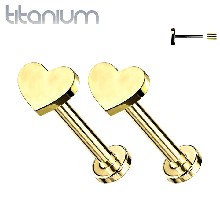 Pair of Implant Grade Titanium Threadless Gold PVD Heart Earring Studs with Flat Back - Pierced Universe
