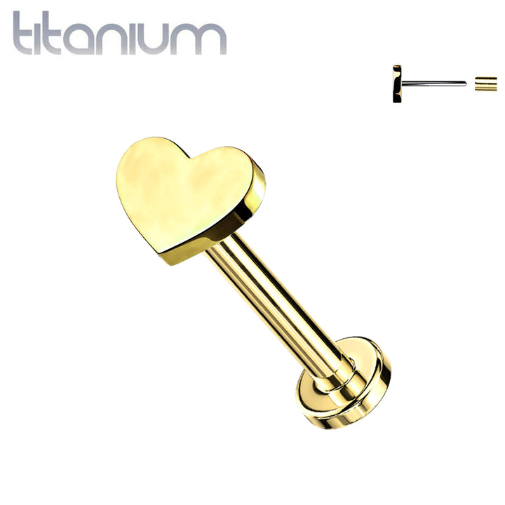 Implant Grade Titanium Threadless Push In Tragus/Cartilage Gold PVD Heart Stud With Flat Back - Pierced Universe