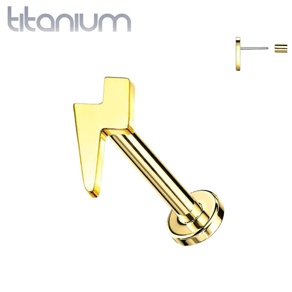Implant Grade Titanium Threadless Push In Tragus/Cartilage Gold PVD Lightning Bolt Stud With Flat Back - Pierced Universe