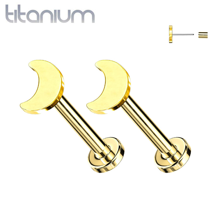 Pair of Implant Grade Titanium Threadless Gold PVD Moon Earring Studs with Flat Back - Pierced Universe