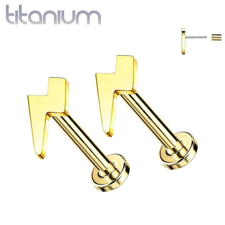 Pair of Implant Grade Titanium Threadless Gold PVD Lightning Bolt Earring Studs with Flat Back - Pierced Universe