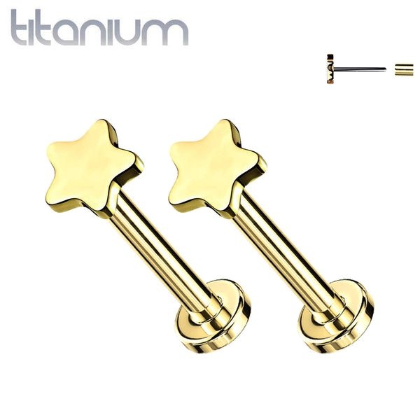 Pair of Implant Grade Titanium Threadless Gold PVD Star Earring Studs with Flat Back - Pierced Universe