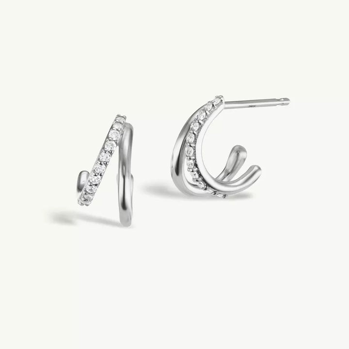 Pair of 925 Sterling Silver Double Hoop White CZ Gem Minimal Stud Earrings - Pierced Universe
