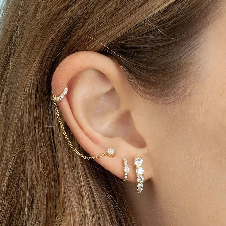 925 Sterling Silver Chain Connected CZ Stud With Faux Cartilage Conch Hoop - Pierced Universe