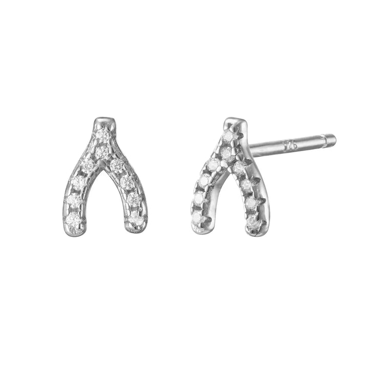 Pair of 925 Sterling Silver Small White CZ Wishbone Minimal Earring Studs - Pierced Universe