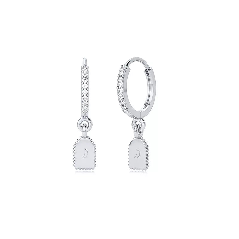 Pair of 925 Sterling Silver Crescent Moon Pendant Dangle Minimal Hoop Earrings - Pierced Universe