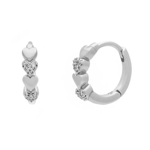 Pair of 925 Sterling Silver Heart White CZ Gem Minimal Hoop Earrings - Pierced Universe