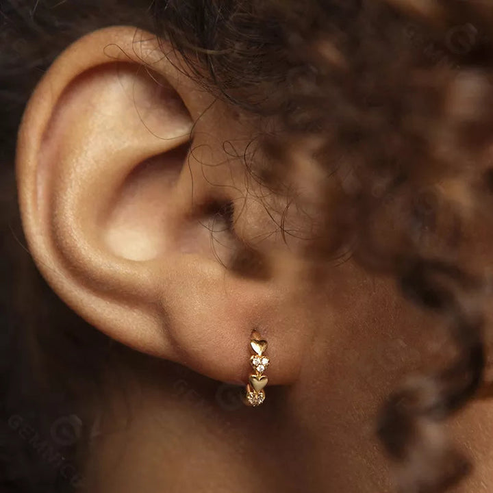 Pair of 925 Sterling Silver Gold PVD Heart White CZ Gem Minimal Hoop Earrings - Pierced Universe