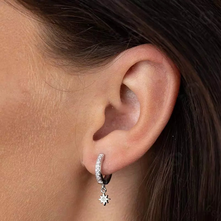 Pair of 925 Sterling Silver Dainty Starburst Dangle Minimal Hoop Earrings - Pierced Universe