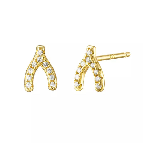 Pair of 925 Sterling Silver Gold PVD Small White CZ Wishbone Minimal Earring Studs - Pierced Universe