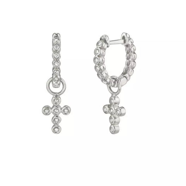 Pair of 925 Sterling Silver White CZ Gem Cross Dangle Minimal Hoop Earrings - Pierced Universe