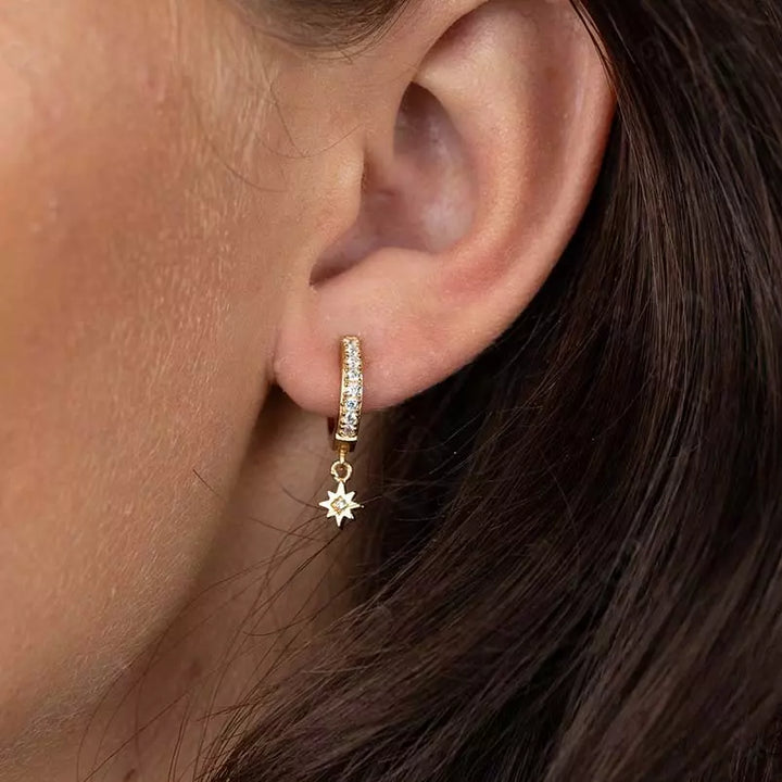 Pair of 925 Sterling Silver Gold PVD Dainty Starburst Dangle Minimal Hoop Earrings - Pierced Universe
