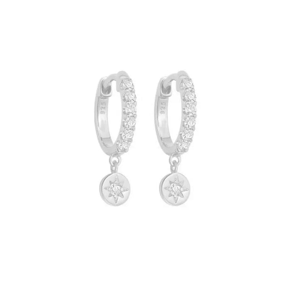 Pair of 925 Sterling Silver White CZ Gem Sun Dangle Minimal Hoop Earrings - Pierced Universe