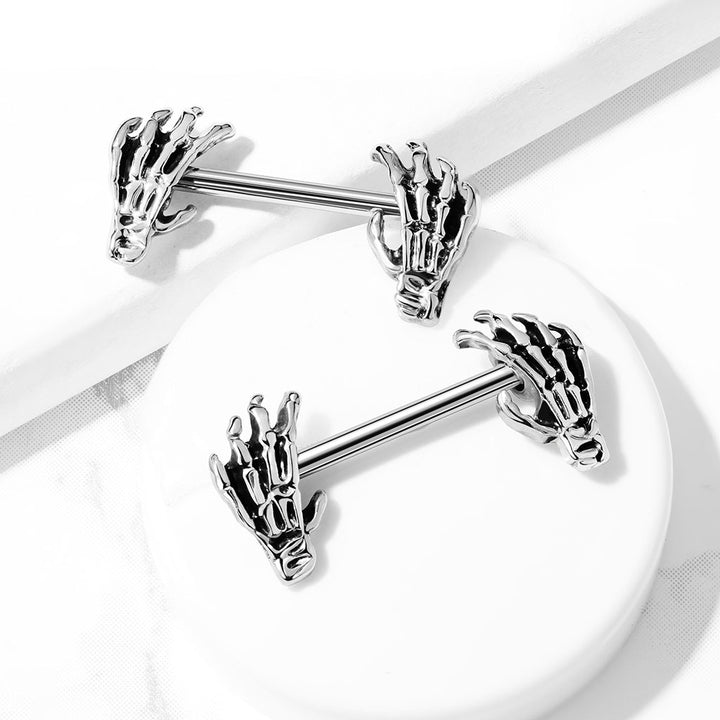 316L Surgical Steel Skeleton Hand Nipple Ring Straight Barbell - Pierced Universe