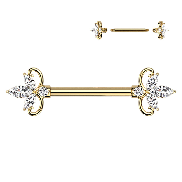 316L Surgical Steel Gold PVD Triple Petal White CZ Flower Nipple Ring Straight Barbell - Pierced Universe
