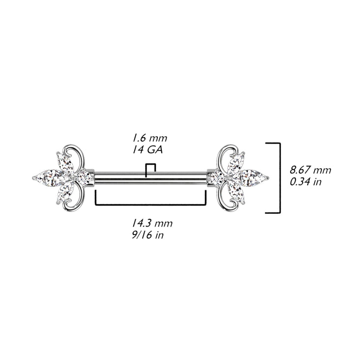 316L Surgical Steel Triple Petal White CZ Flower Nipple Ring Straight Barbell - Pierced Universe