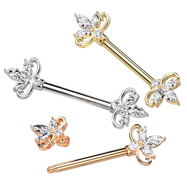 316L Surgical Steel Triple Petal White CZ Flower Nipple Ring Straight Barbell - Pierced Universe