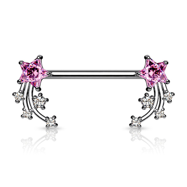 316L Surgical Steel Pink & White CZ Shooting Star Nipple Ring Straight Barbell 316L Surgical Steel Pink & White CZ Shooting Star Nipple Ring Straight Barbell