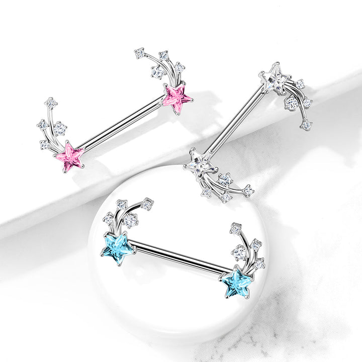 316L Surgical Steel Pink & White CZ Shooting Star Nipple Ring Straight Barbell - Pierced Universe