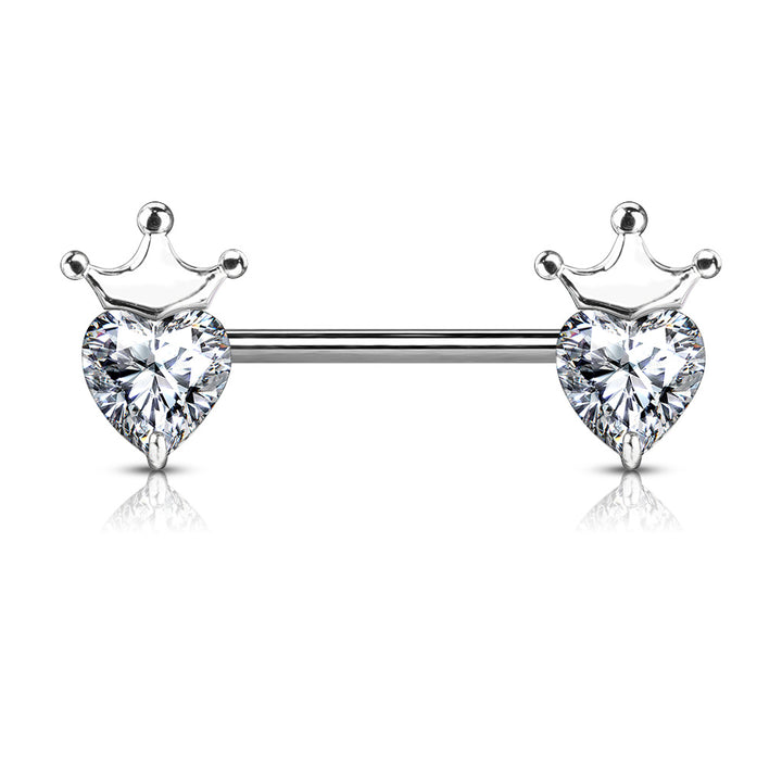 316L Surgical Steel White CZ Heart With Crown Nipple Ring Straight Barbell - Pierced Universe