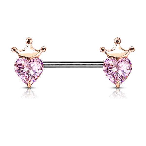 316L Surgical Steel Rose Gold PVD Pink CZ Heart With Crown Nipple Ring Straight Barbell 316L Surgical Steel Rose Gold PVD Pink CZ Heart With Crown Nipple Ring Straight Barbell
