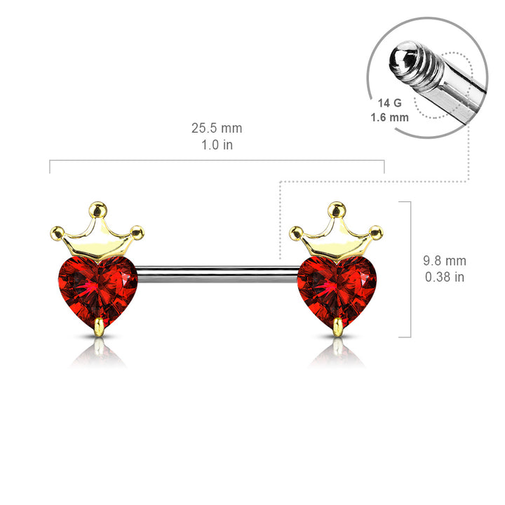 316L Surgical Steel White CZ Heart With Crown Nipple Ring Straight Barbell - Pierced Universe