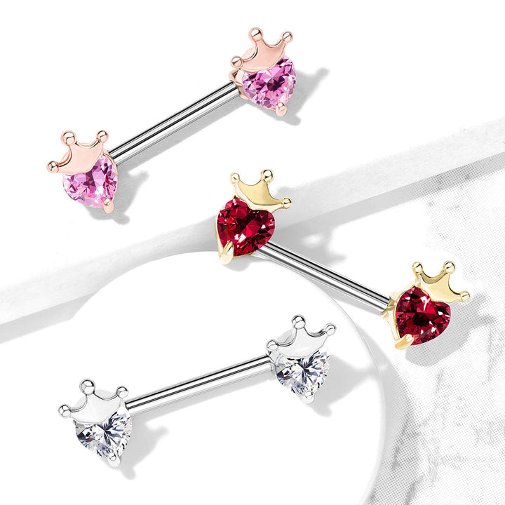 316L Surgical Steel Gold PVD Red CZ Heart With Crown Nipple Ring Straight Barbell - Pierced Universe