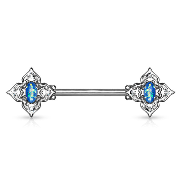 316L Surgical Steel 4 Petal Design White CZ & Blue Opal Nipple Ring Straight Barbell - Pierced Universe