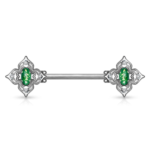 316L Surgical Steel 4 Petal Design White CZ & Dark Green Opal Nipple Ring Straight Barbell - Pierced Universe