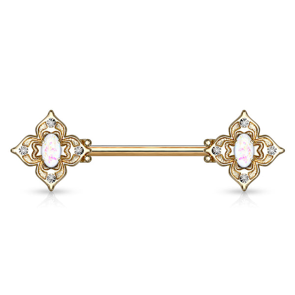 316L Surgical Steel Gold PVD 4 Petal Design White CZ & Opal Nipple Ring Straight Barbell - Pierced Universe