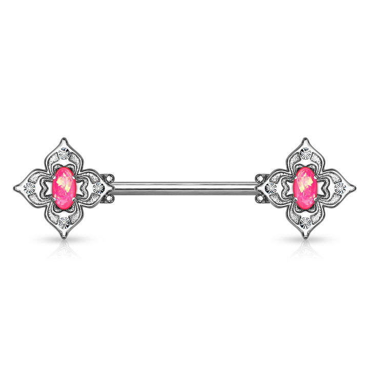 316L Surgical Steel 4 Petal Design White CZ & Pink Opal Nipple Ring Straight Barbell - Pierced Universe