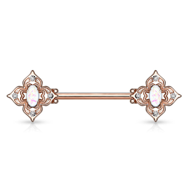 316L Surgical Steel Rose Gold PVD 4 Petal Design White CZ & Opal Nipple Ring Straight Barbell - Pierced Universe