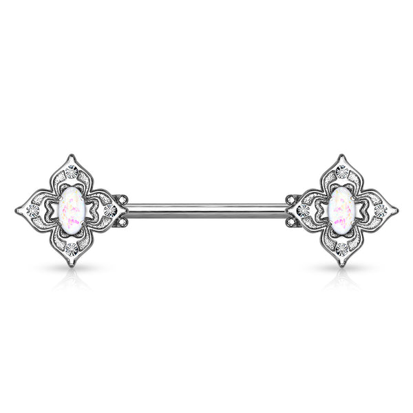 316L Surgical Steel 4 Petal Design White CZ & Pink Opal Nipple Ring Straight Barbell