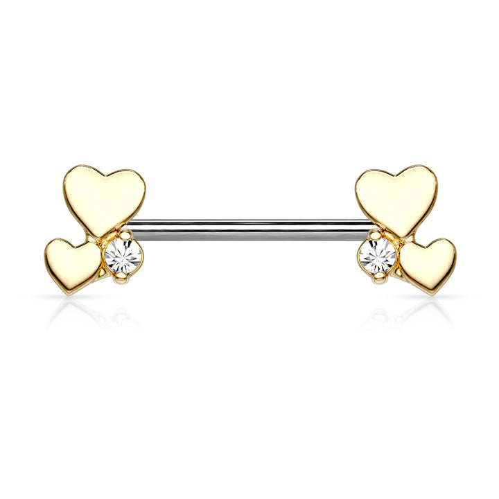 316L Surgical Steel Gold PVD White CZ With Hearts Nipple Ring Straight Barbell - Pierced Universe