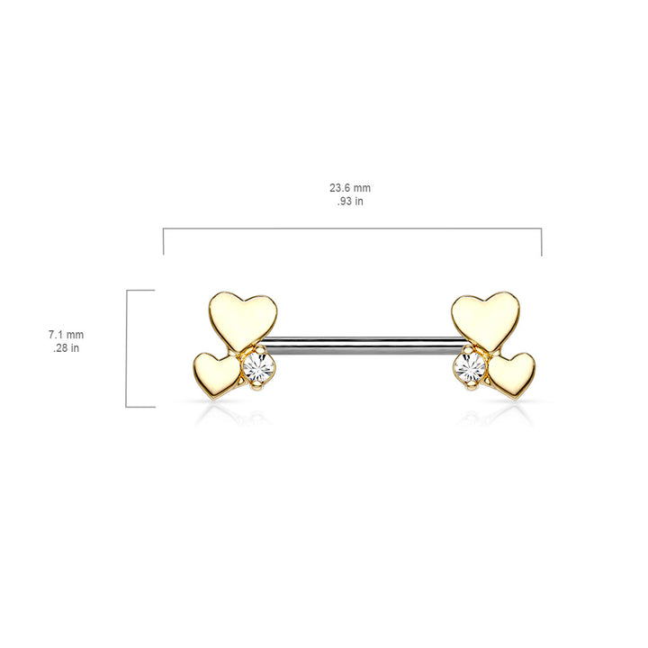 316L Surgical Steel Gold PVD White CZ With Hearts Nipple Ring Straight Barbell - Pierced Universe