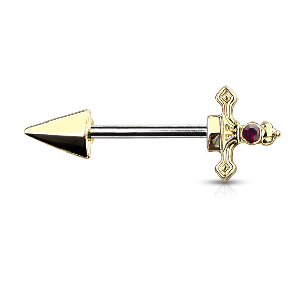 316L Surgical Steel Gold PVD Dark Red CZ Sword Dagger Nipple Ring Straight Barbell - Pierced Universe
