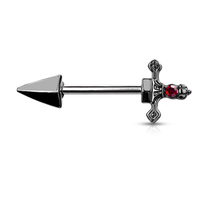 316L Surgical Steel Black PVD Dark Red CZ Sword Dagger Nipple Ring Straight Barbell - Pierced Universe