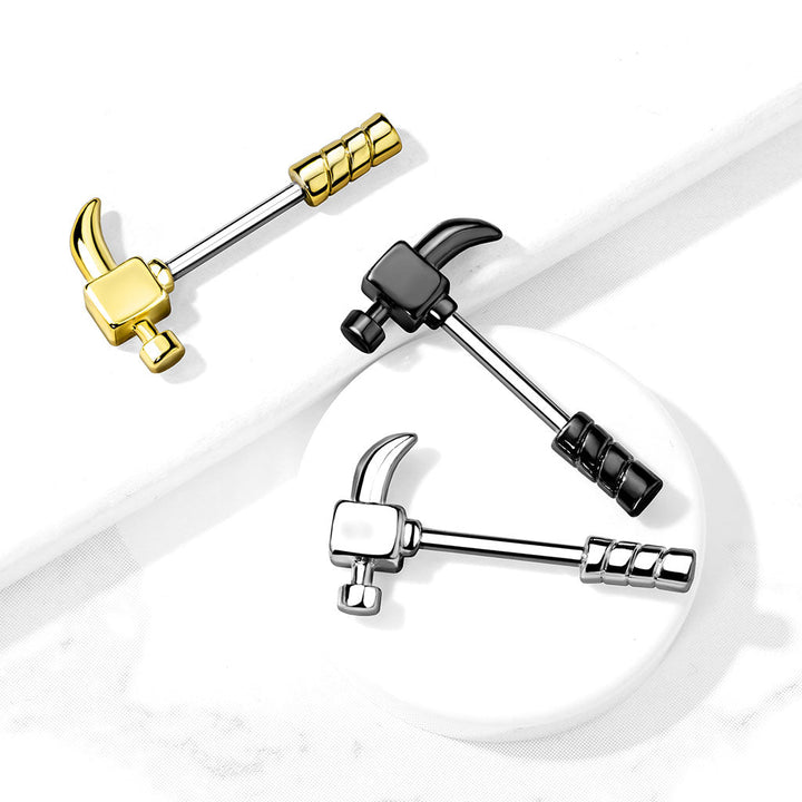 316L Surgical Steel Gold PVD Hammer Nipple Ring Straight Barbell - Pierced Universe