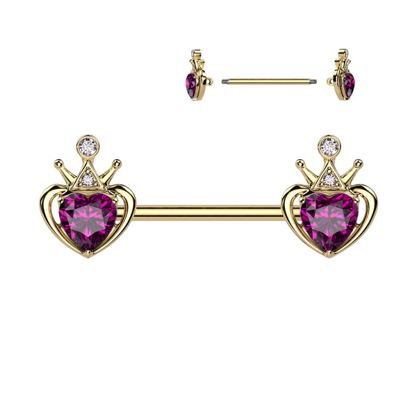 316L Surgical Steel White CZ Heart With Crown Nipple Ring Straight Barbell