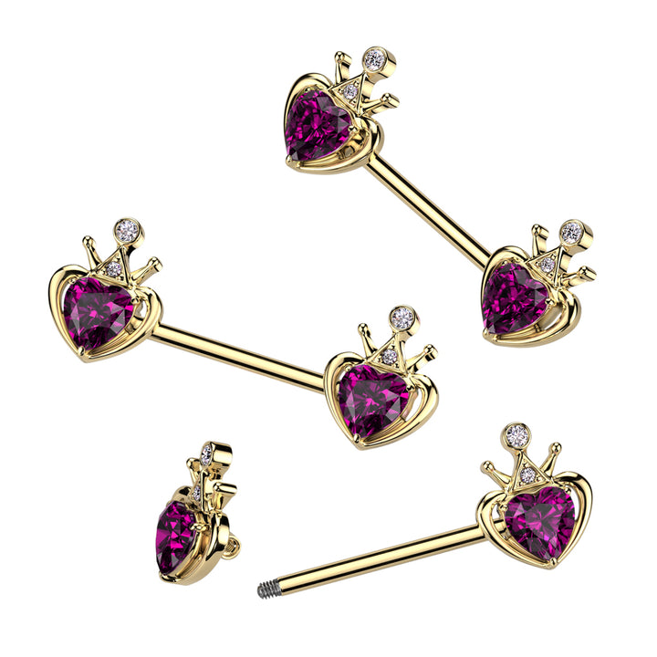 316L Surgical Steel Gold PVD Pink & White CZ Heart Crown Nipple Ring Straight Barbell - Pierced Universe