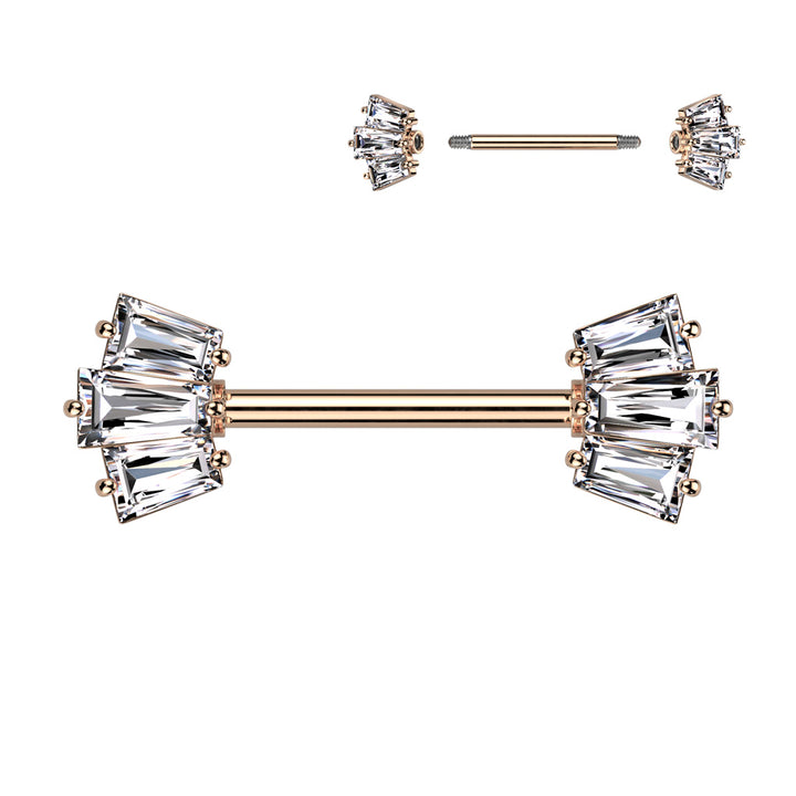 316L Surgical Steel Rose Gold PVD White CZ Triple Baguette Cut Gem Nipple Ring Barbell - Pierced Universe