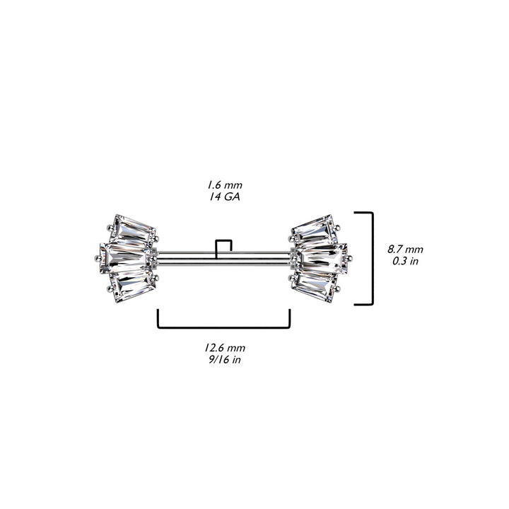 316L Surgical Steel White CZ Triple Baguette Cut Gem Nipple Ring Barbell - Pierced Universe