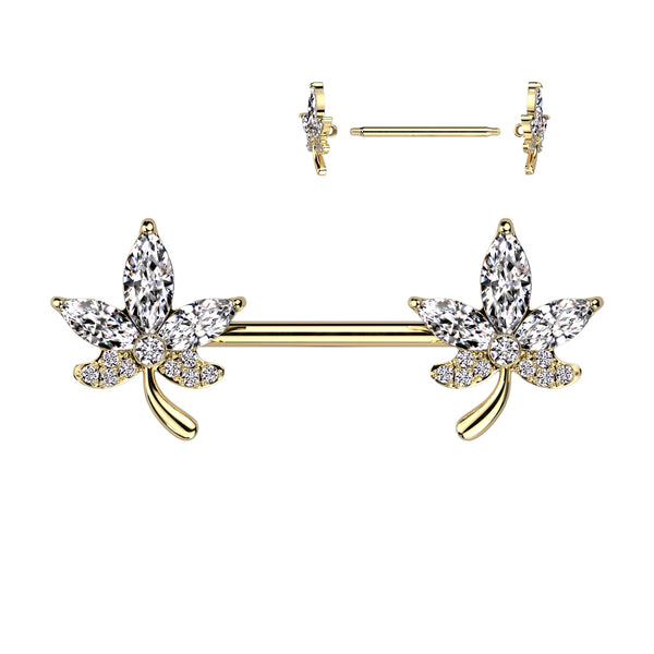 316L Surgical Steel Gold PVD Petal Flower White CZ Nipple Ring Barbell - Pierced Universe
