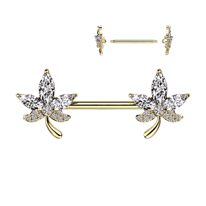 316L Surgical Steel Gold PVD Petal Flower White CZ Nipple Ring Barbell - Pierced Universe