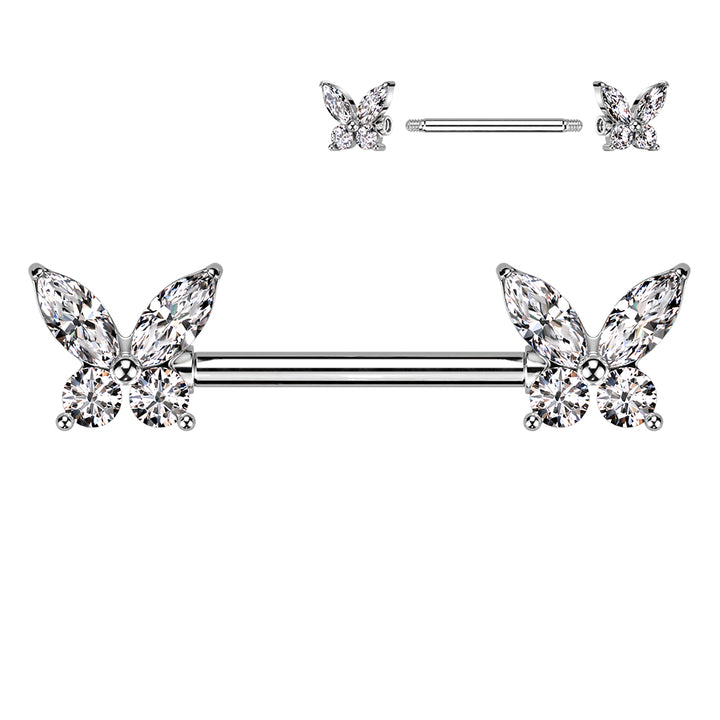 316L Surgical Steel White CZ Butterfly Nipple Ring Barbell - Pierced Universe