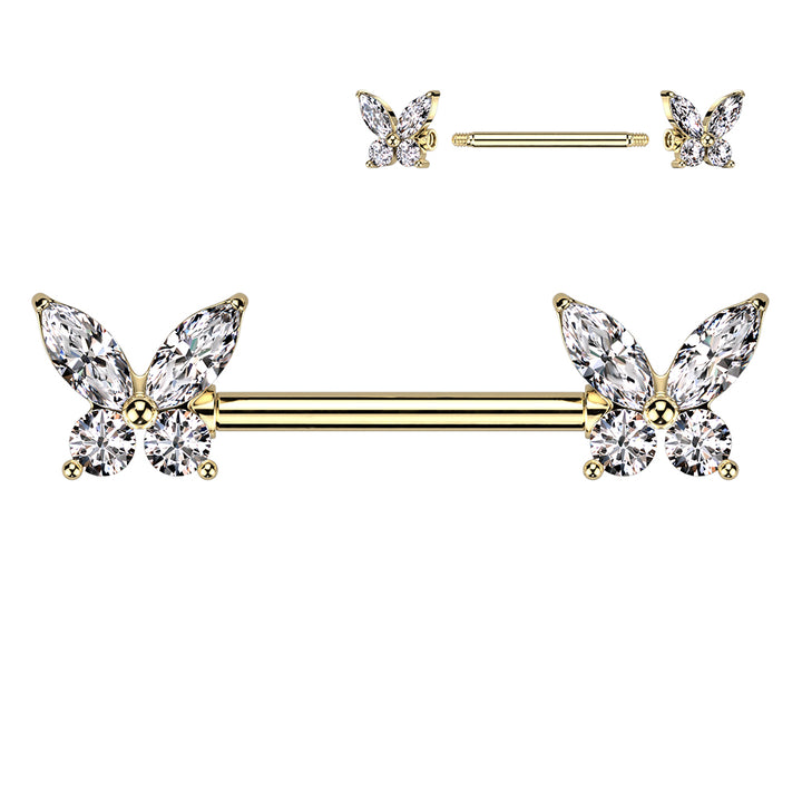 316L Surgical Steel Gold PVD White CZ Butterfly Nipple Ring Barbell - Pierced Universe