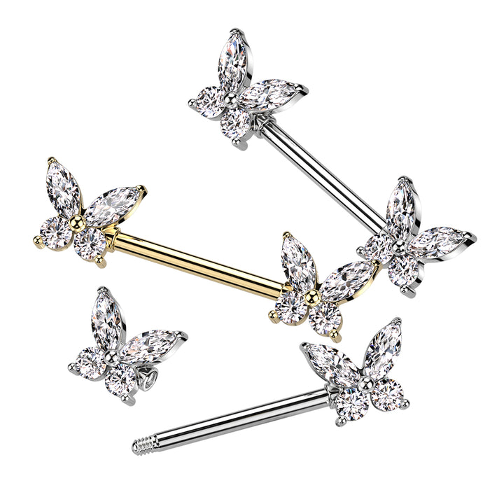 316L Surgical Steel Gold PVD White CZ Butterfly Nipple Ring Barbell - Pierced Universe