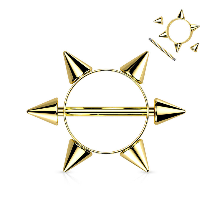 316L Surgical Steel Gold PVD Multi Spike Nipple Ring Shield Straight Barbell - Pierced Universe