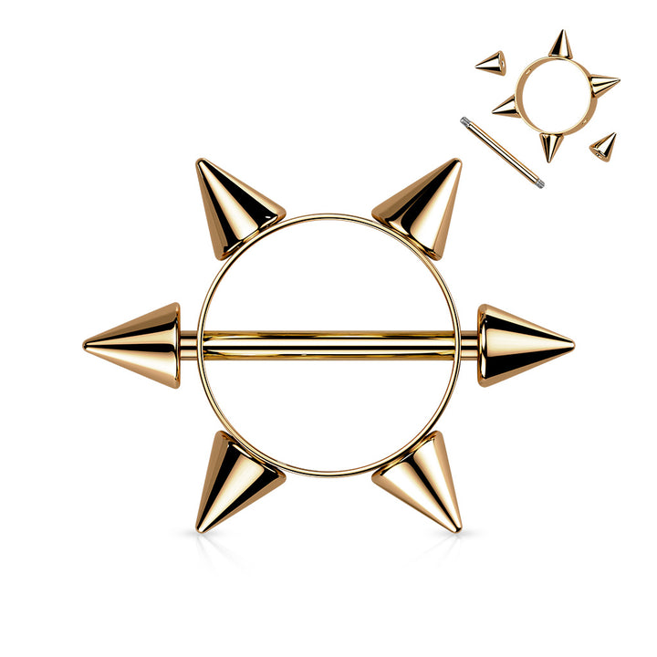 316L Surgical Steel Rose Gold PVD Multi Spike Nipple Ring Shield Straight Barbell - Pierced Universe