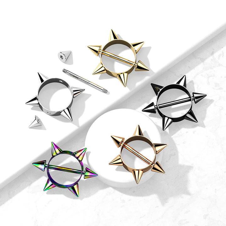 316L Surgical Steel Multi Spike Nipple Ring Shield Straight Barbell - Pierced Universe